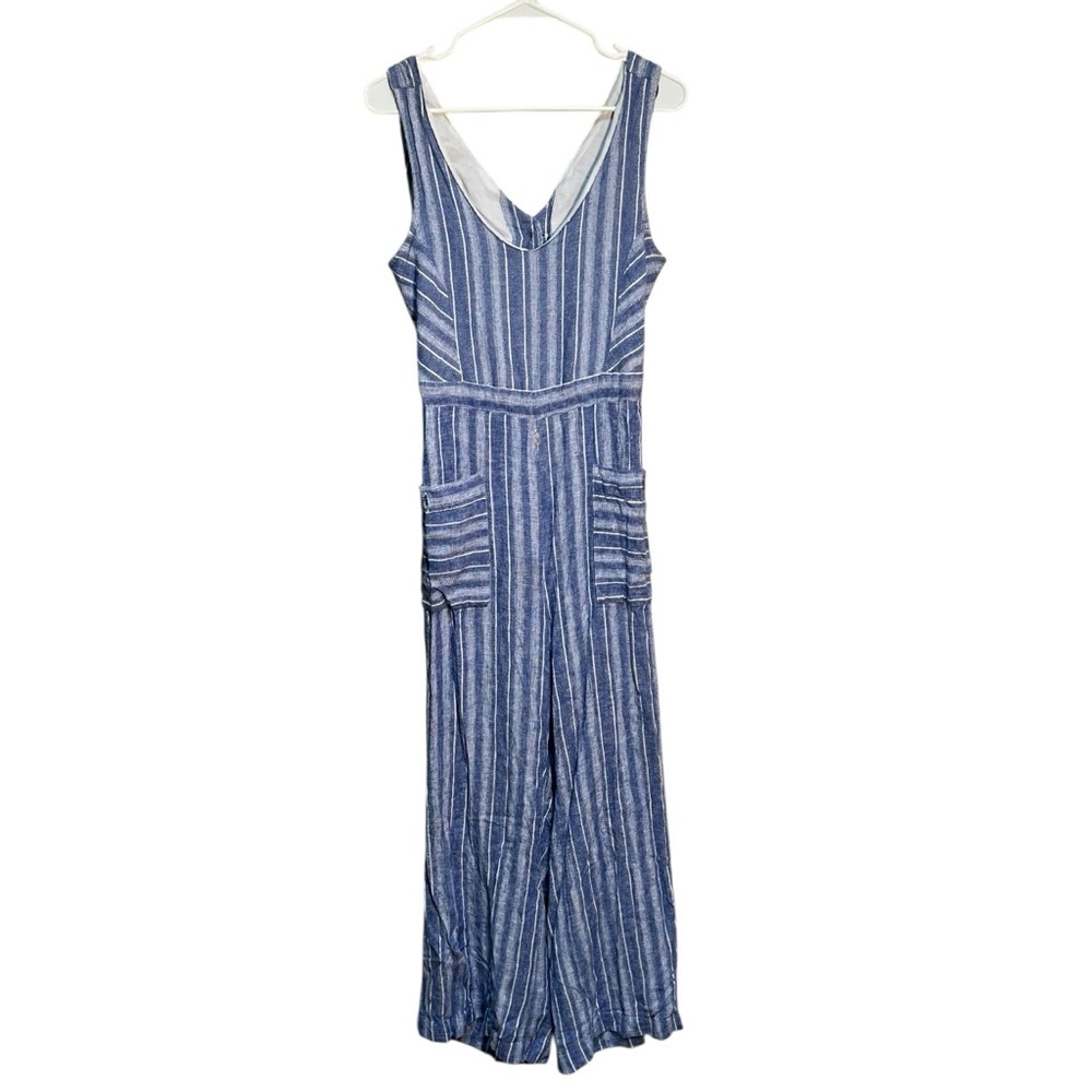Indigo Rein Women's Size Large Woven Striped Jumpsuit Blue White Stripes Linen